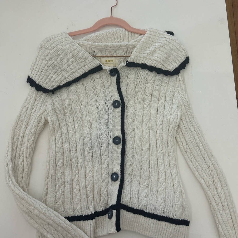 Anthropologie Cream Cable Knit Cardigan with Black Trim